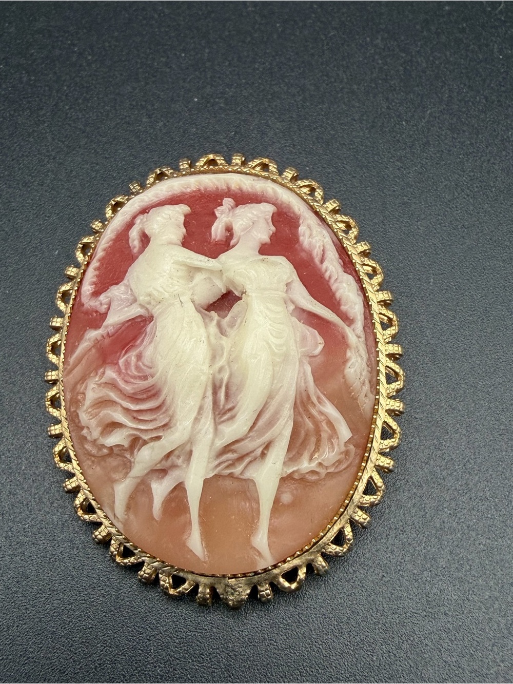 Vintage Coro Cameo 2”Brooch “Two Dancing Graces” Resin Design Gold-Tone 1940-50s